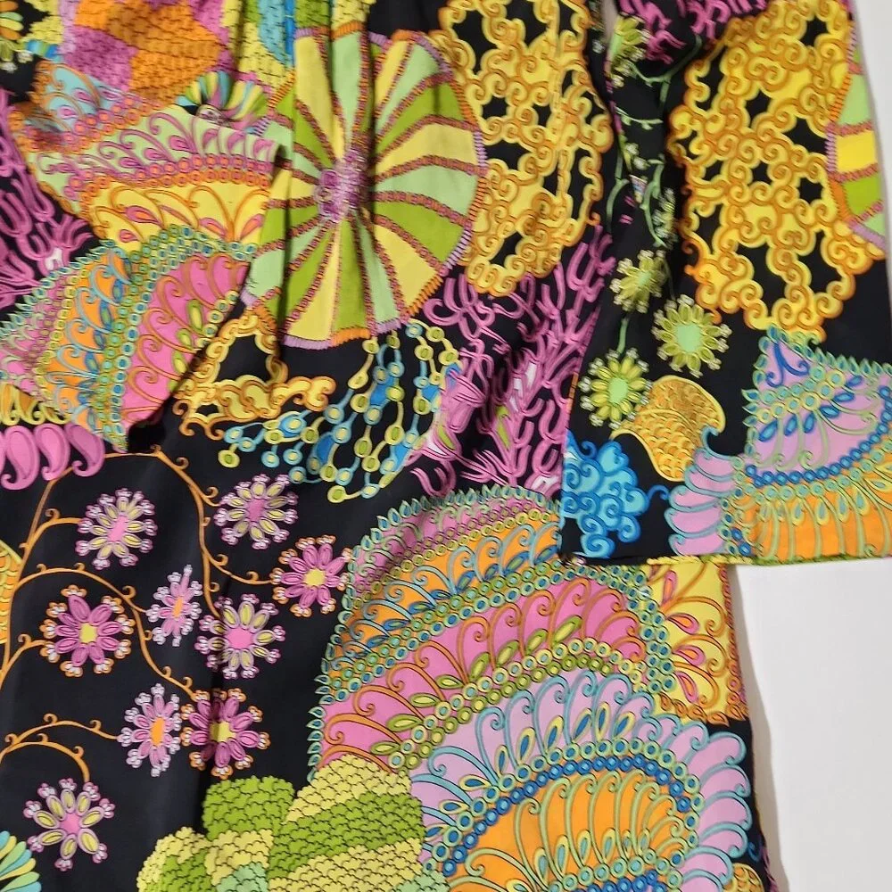 Trina Turk Silk Mini Dress Retro colorful print Bell Sleeve size 0 - Picture 6 of 11